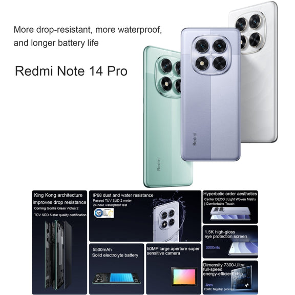 Xiaomi Redmi Note 14 Pro, 12GB+512GB, 6.67 inch Xiaomi HyperOS Mediatek Dimensity 7300-Ultra Octa Core, NFC, Network: 5G (White)