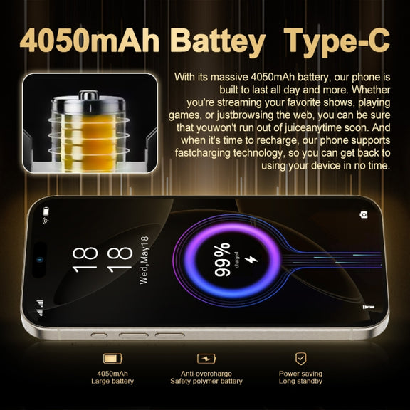 i16 Pro Max / Q5A, 6GB+128GB, 6.5 inch Screen, Face Identification, Android 10 MTK6762 Octa Core, OTG, NFC, Network: 4G, Dual SIM, EU Plug (Gold)