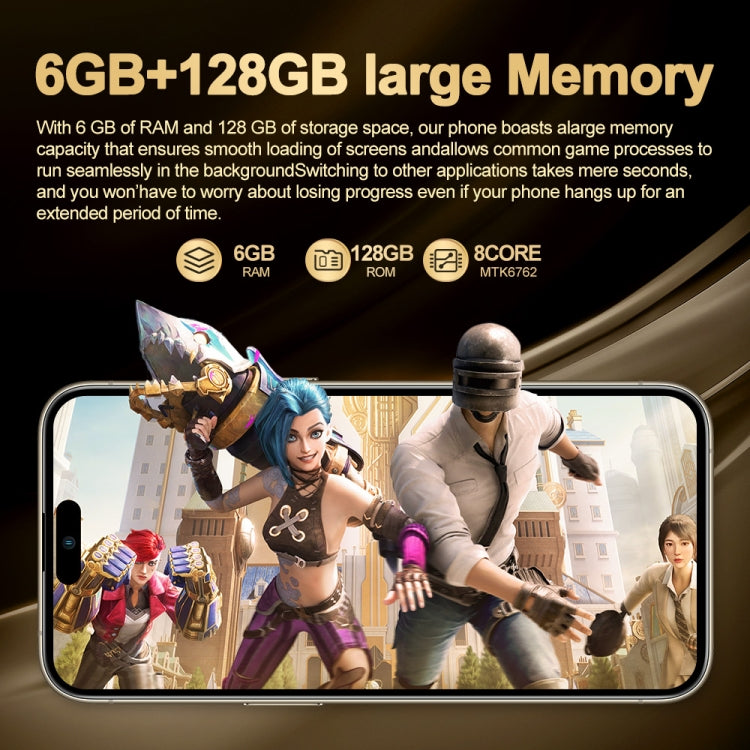 i16 Pro Max / Q5A, 6GB+128GB, 6.5 inch Screen, Face Identification, Android 10 MTK6762 Octa Core, OTG, NFC, Network: 4G, Dual SIM, US Plug (Black)