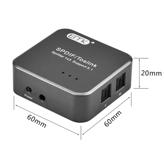 EMK 1 Input 3 Output Digital Optical Audio SPDIF Toslink Splitter Adapter (Silver Grey)