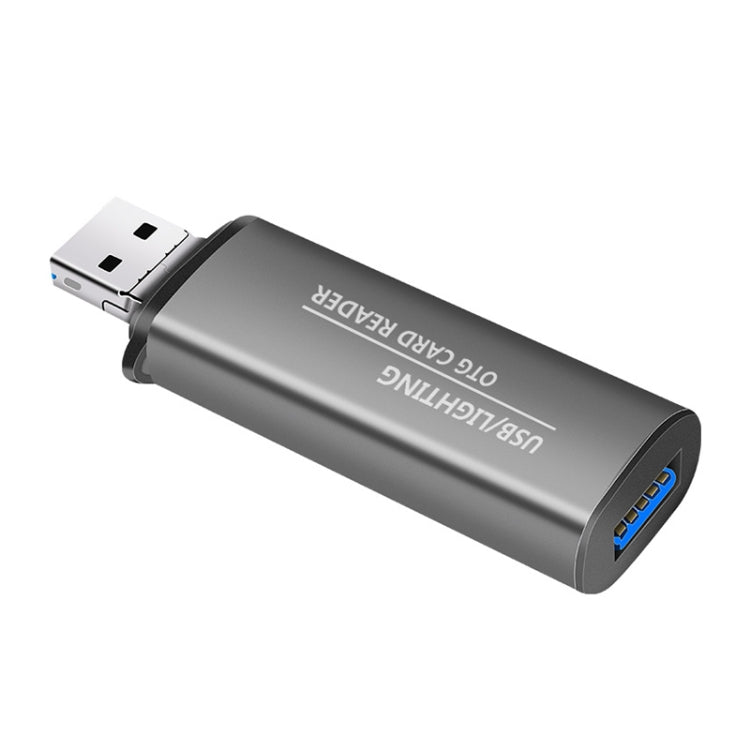 118 2 in 1 USB + 8 Pin Interfaces USB Flash Disk / Memory Card OTG Card Reader for IOS System Mobile Phone / Computer (Dark Gray)