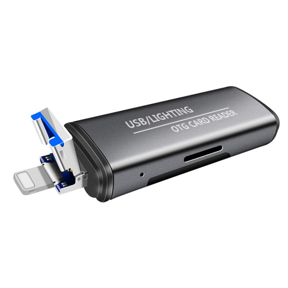 118 2 in 1 USB + 8 Pin Interfaces USB Flash Disk / Memory Card OTG Card Reader for IOS System Mobile Phone / Computer (Dark Gray)