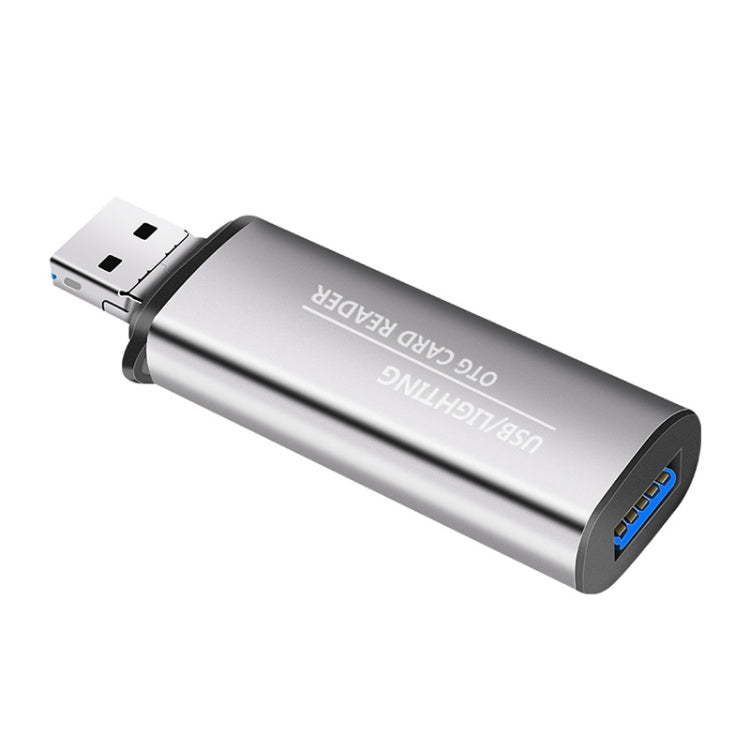 118 2 in 1 USB + 8 Pin Interfaces USB Flash Disk / Memory Card OTG Card Reader for IOS System Mobile Phone / Computer (Light Grey)