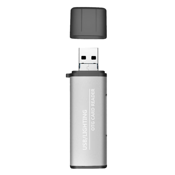 118 2 in 1 USB + 8 Pin Interfaces USB Flash Disk / Memory Card OTG Card Reader for IOS System Mobile Phone / Computer (Light Grey)