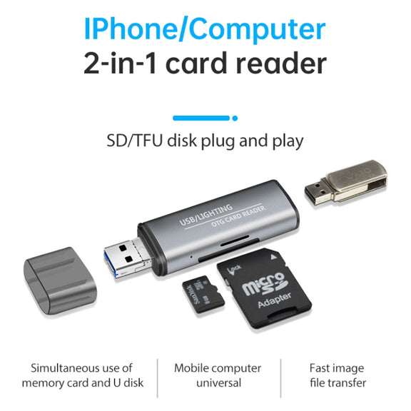 118 2 in 1 USB + 8 Pin Interfaces USB Flash Disk / Memory Card OTG Card Reader for IOS System Mobile Phone / Computer (Light Grey)