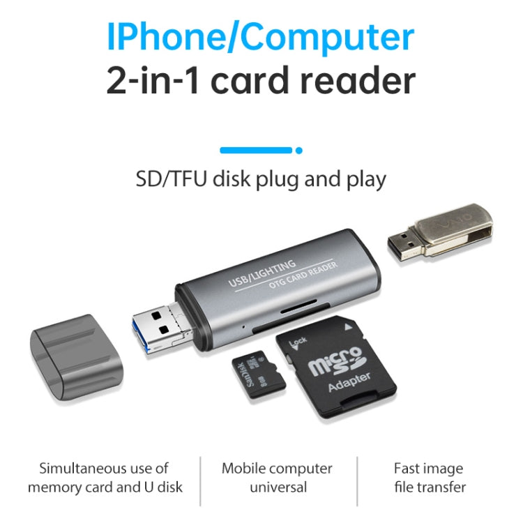 118 2 in 1 USB + 8 Pin Interfaces USB Flash Disk / Memory Card OTG Card Reader for IOS System Mobile Phone / Computer (Light Grey)