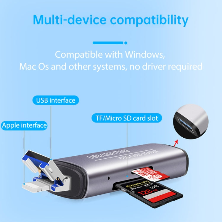 118 2 in 1 USB + 8 Pin Interfaces USB Flash Disk / Memory Card OTG Card Reader for IOS System Mobile Phone / Computer (Light Grey)
