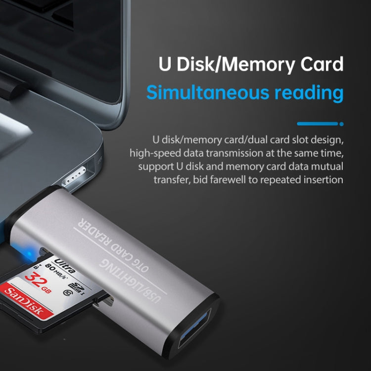 118 2 in 1 USB + 8 Pin Interfaces USB Flash Disk / Memory Card OTG Card Reader for IOS System Mobile Phone / Computer (Light Grey)