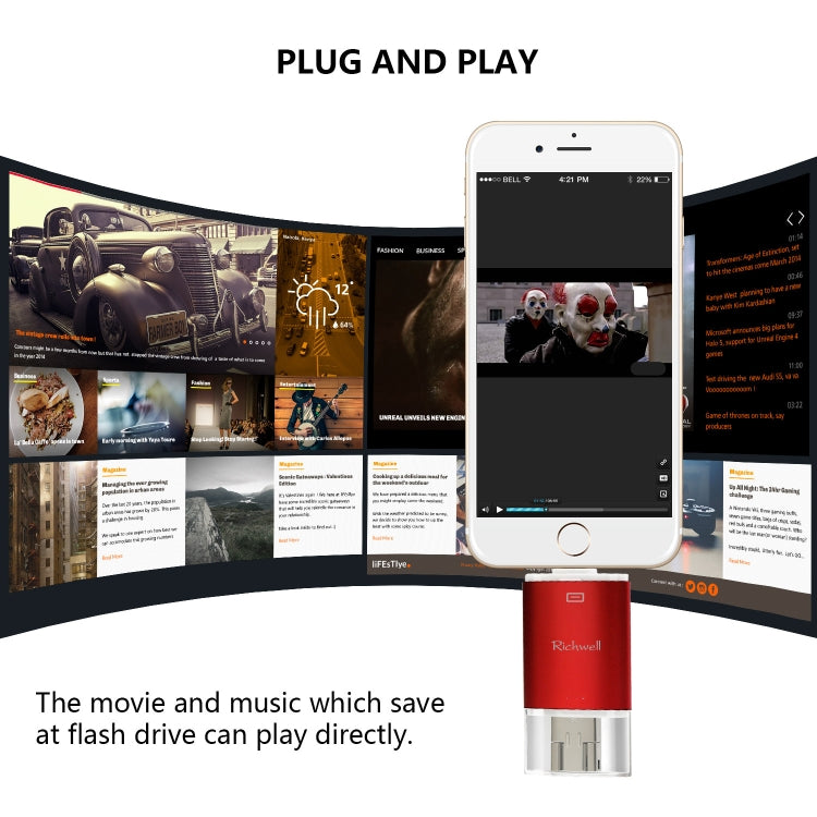 Richwell 3 in 1 128G Type-C + 8 Pin + USB 3.0 Metal Double Cover Push-pull Flash Disk with OTG Function(Red)