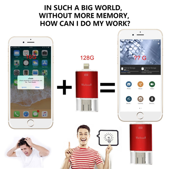 Richwell 3 in 1 128G Type-C + 8 Pin + USB 3.0 Metal Double Cover Push-pull Flash Disk with OTG Function(Red)