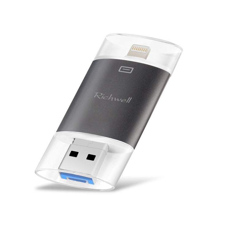 Richwell 3 in 1 64G Type-C + 8 Pin + USB 3.0 Metal Double Cover Push-pull Flash Disk with OTG Function(Black)