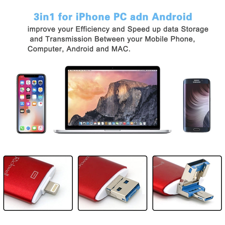 Richwell 3 in 1 64G Type-C + 8 Pin + USB 3.0 Metal Double Cover Push-pull Flash Disk with OTG Function(Black)