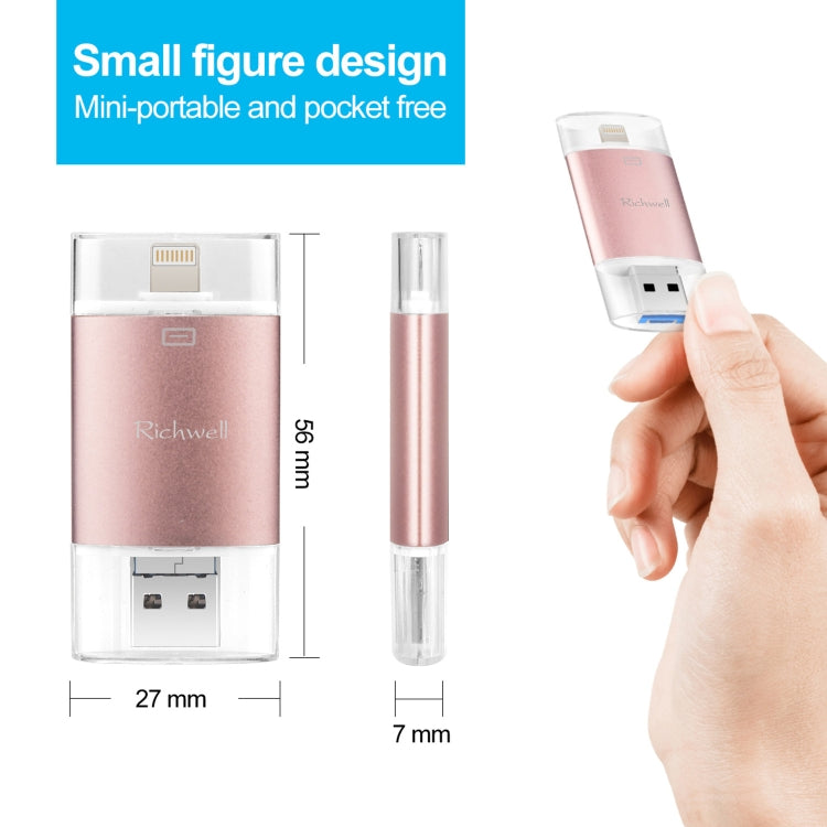 Richwell 3 in 1 64G Type-C + 8 Pin + USB 3.0 Metal Double Cover Push-pull Flash Disk with OTG Function(Red)