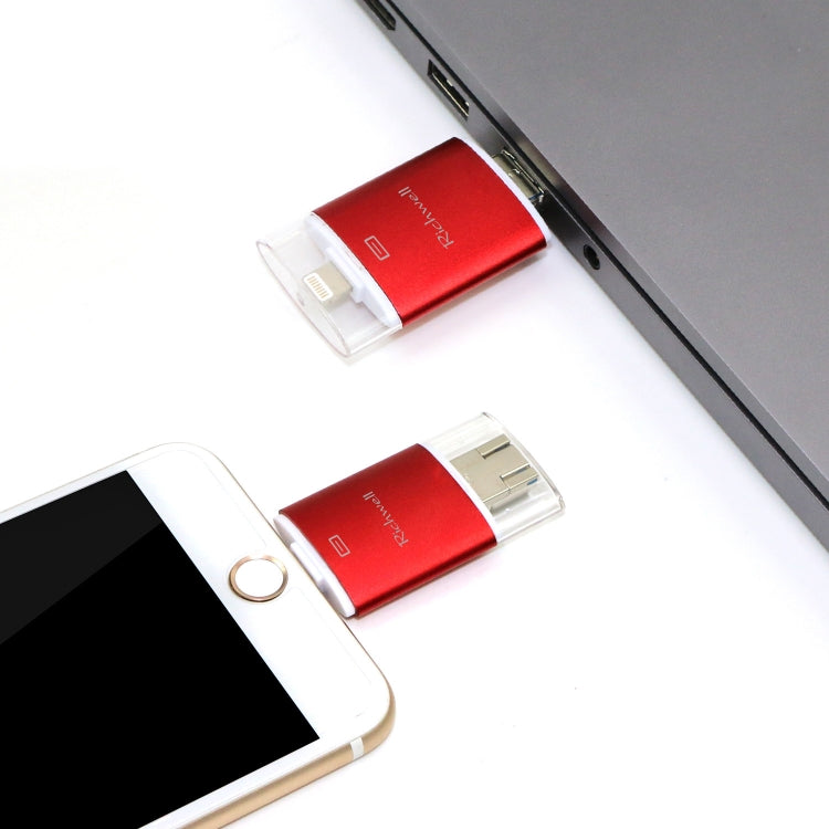 Richwell 3 in 1 64G Type-C + 8 Pin + USB 3.0 Metal Double Cover Push-pull Flash Disk with OTG Function(Red)
