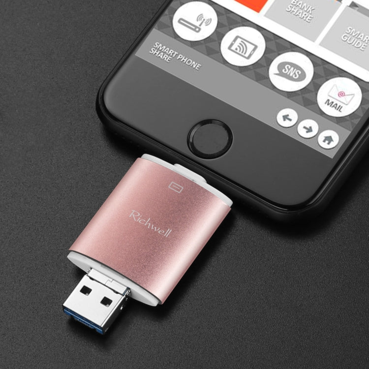 Richwell 3 in 1 64G Type-C + 8 Pin + USB 3.0 Metal Double Cover Push-pull Flash Disk with OTG Function(Red)