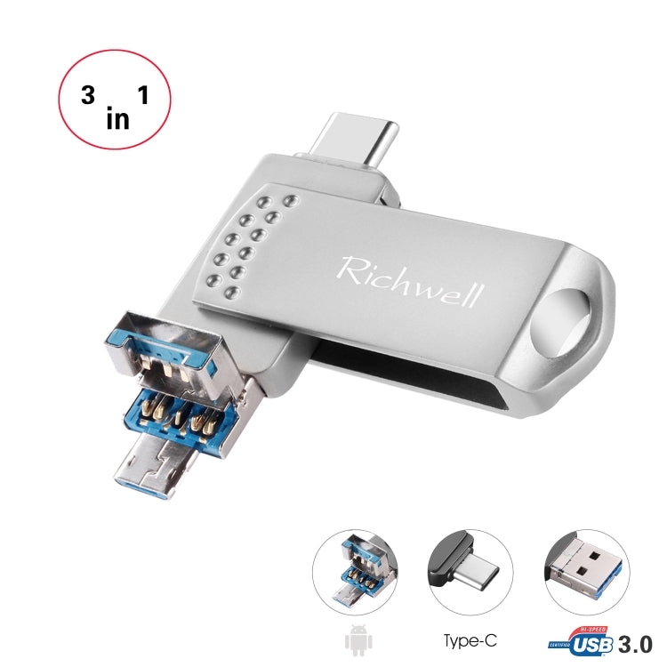 Richwell 3 in 1 64G Type-C + Micro USB + USB 3.0 Metal Flash Disk with OTG Function(Silver)