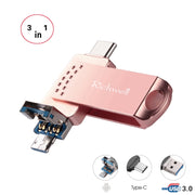 Richwell 3 in 1 128G Type-C + Micro USB + USB 3.0 Metal Flash Disk with OTG Function(Rose Gold)