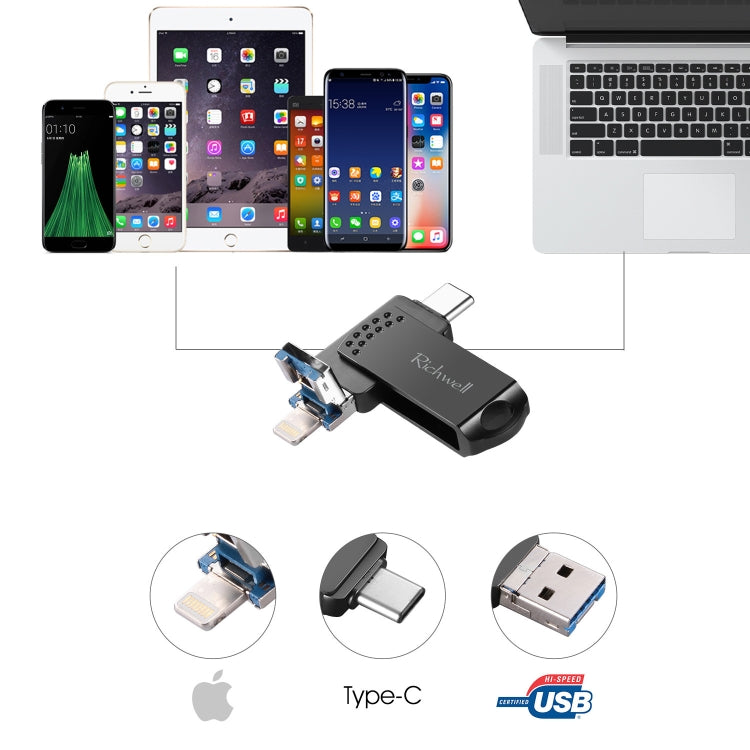 Richwell 16G Type-C + 8 Pin + USB 3.0 Metal Push-pull Flash Disk with OTG Function(Rose Gold)