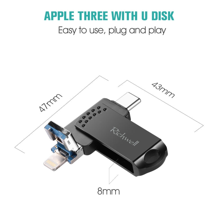 Richwell 128G Type-C + 8 Pin + USB 3.0 Metal Flash Disk with OTG Function(Rose Gold)