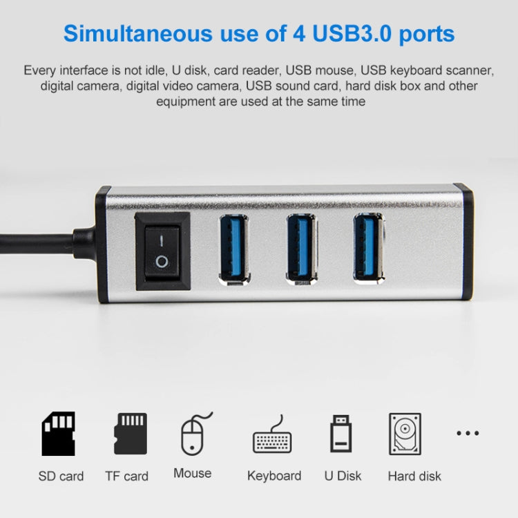 USB to 4 USB 3.0 Ports Aluminum Alloy HUB with Switch(Silver)