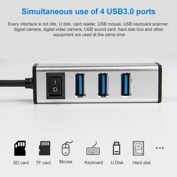 USB to 4 USB 3.0 Ports Aluminum Alloy HUB with Switch(Silver)