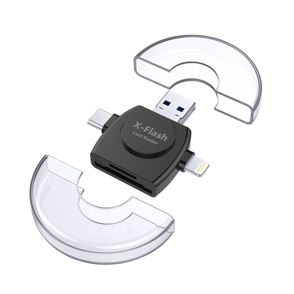 X-Flash R01 3 in 1 8 Pin + USB-C / Type-C + Micro USB Interface SD / TF Card Reader(Black)