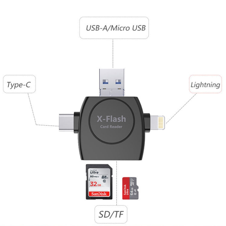 X-Flash R01 3 in 1 8 Pin + USB-C / Type-C + Micro USB Interface SD / TF Card Reader(White)