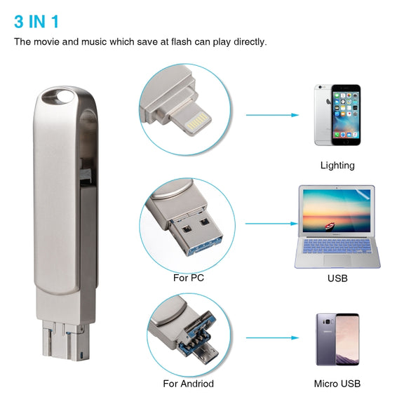 Richwell 3 in 1 128G Micro USB + 8 Pin + USB 3.0 Metal Rotating Push-pull Flash Disk with OTG Function(Silver)