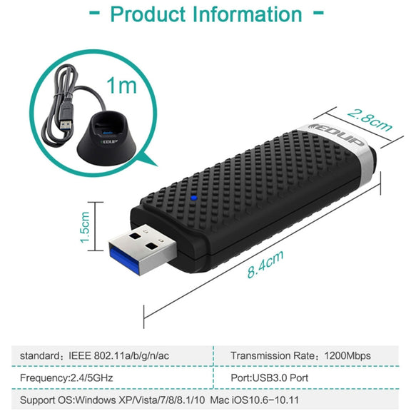 EDUP EP-AC1609 1200Mbps High Speed USB 3.0 WiFi Adapter Receiver Ethernet Adapter with 1m Extend Cable & Base