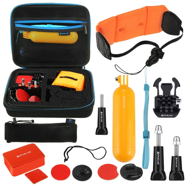 PULUZ 14 in 1 Surfing Accessories Combo Kits with EVA Case (Bobber Hand Grip + Floaty Sponge + Quick Release Buckle + Surf Board Mount + Floating Wrist Strap + Safety Tethers Strap + Storage Bag ) for GoPro, Insta360, DJI and Other Action Cameras
