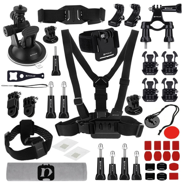 PULUZ 45 in 1 Accessories Ultimate Combo Kits (Chest Strap + Suction Cup Mount + 3-Way Pivot Arms + J-Hook Buckle + Wrist Strap + Helmet Strap + Surface Mounts + Tripod Adapter + Storage Bag + Handleb ...  for GoPro, Insta360, DJI and Other Action Cameras