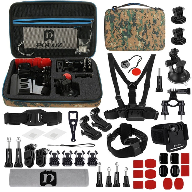 PULUZ 45 in 1 Accessories Ultimate Combo Kits with Camouflage EVA Case (Chest Strap + Suction Cup Mount + 3-Way Pivot Arms + J-Hook Buckle + Wrist Strap + Helmet Strap + Surface Mounts + Tripod Adapte ...  for GoPro, Insta360, DJI and Other Action Cameras