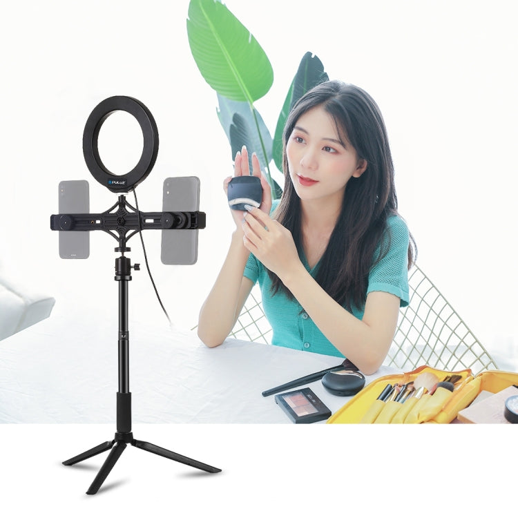 PULUZ Tripod Mount +  Extension Rod + Live Broadcast Dual Phone Bracket + 6.2 inch 16cm LED Ring Vlogging Video Light Kits