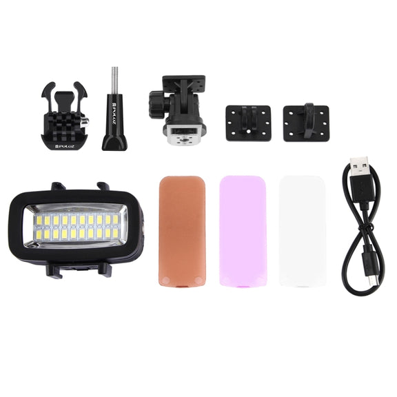 PULUZ 20 LEDs 40m Water-resistant IPX8 Studio Light Video & Photo Light with Hot Shoe Base Adapter & Quick Release Buckle & Long Screw & 2 x Filter Plates for GoPro HERO10 Black / HERO9 Black / HERO8 Black ... n /4 /3+ /3 /2 /1, Xiaoyi and Other Action Cameras