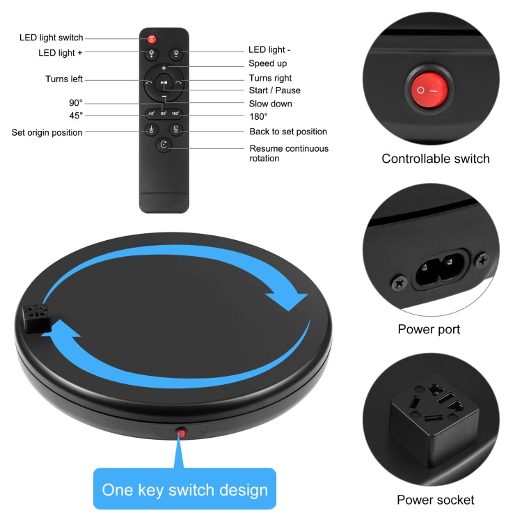 PULUZ 45cm Remote Control Adjusting Speed Rotating Turntable Display Stand with Power Socket, Black, Load 100kg(US Plug)