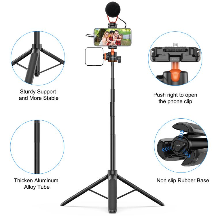 PULUZ 1.4m Phone Selfie Stick Tripod Vlog Live Streaming Holder with Phone Clip (Black)
