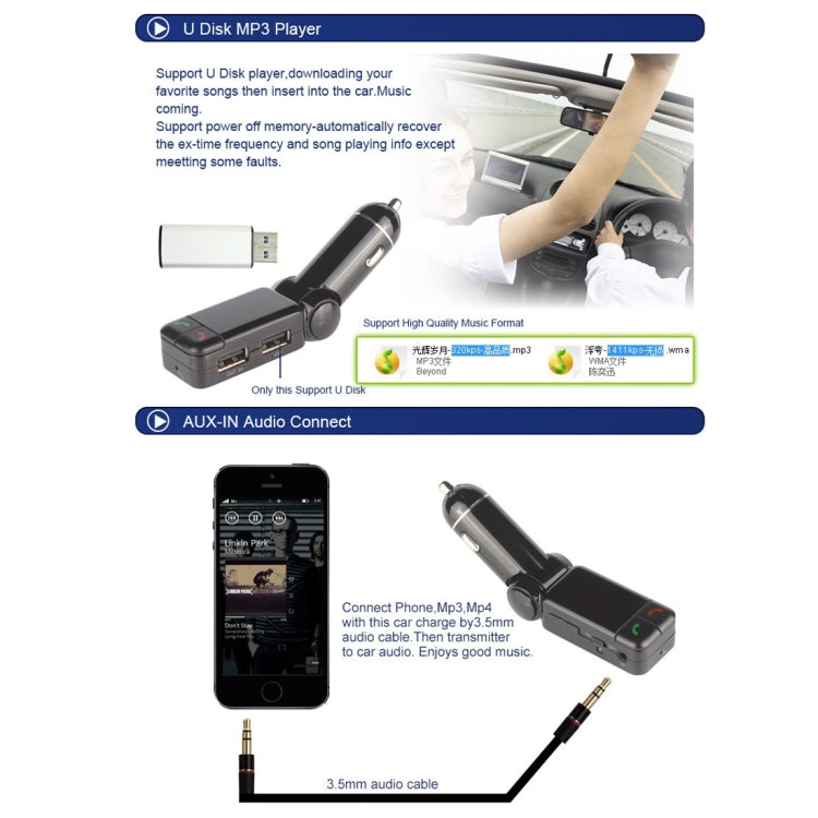 BC-06 Bluetooth Car Kit FM Transmitter Car MP3 Player with LED Display 2 USB Charger & Handsfree Function(Black)