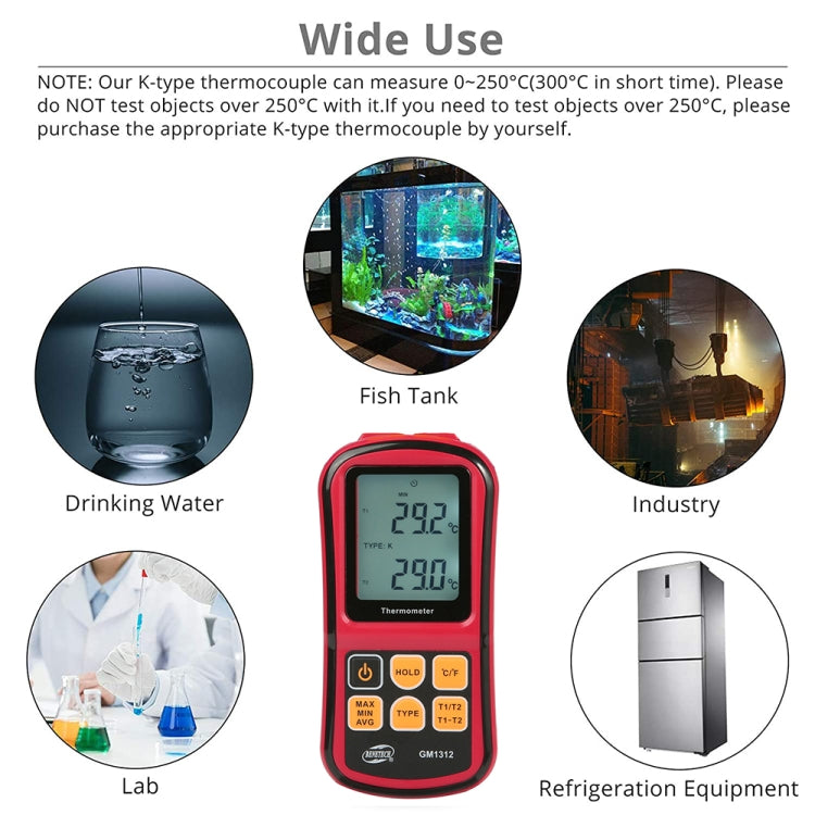 BENETECH GM1312 2.4 inch LCD Screen Thermocouple Thermometer Measure J,K,T,E,N and R Type, Measure Range: -50~300C