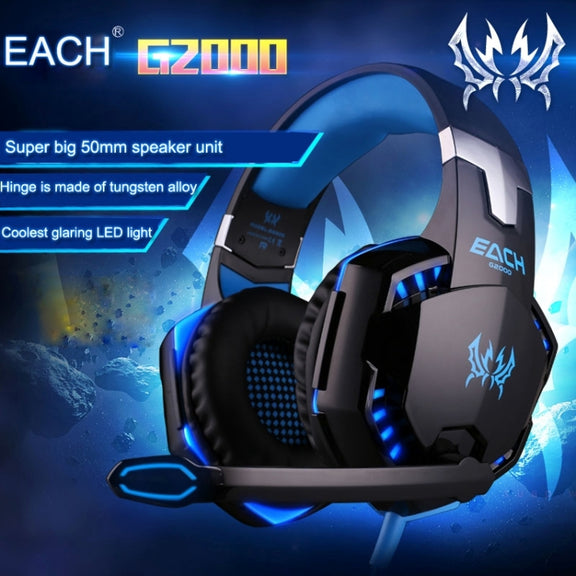 EACH G2000 Over-ear Stereo Bass Gaming Headset with Mic & LED Light for Computer, Cable Length: 2.2m(Blue)