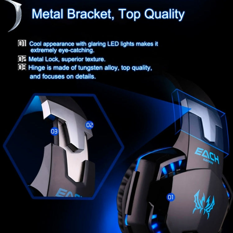 EACH G2000 Over-ear Stereo Bass Gaming Headset with Mic & LED Light for Computer, Cable Length: 2.2m(Blue)