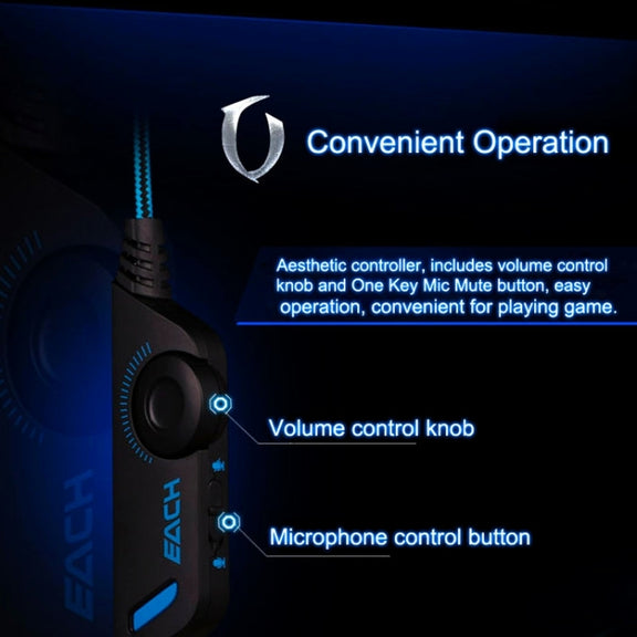 EACH G2000 Over-ear Stereo Bass Gaming Headset with Mic & LED Light for Computer, Cable Length: 2.2m(Blue)