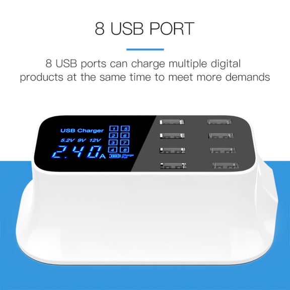 YC-CDA19A 8-port USB Multi-function 40W Intelligent Digital Display Fast Charging Dock, US Plug