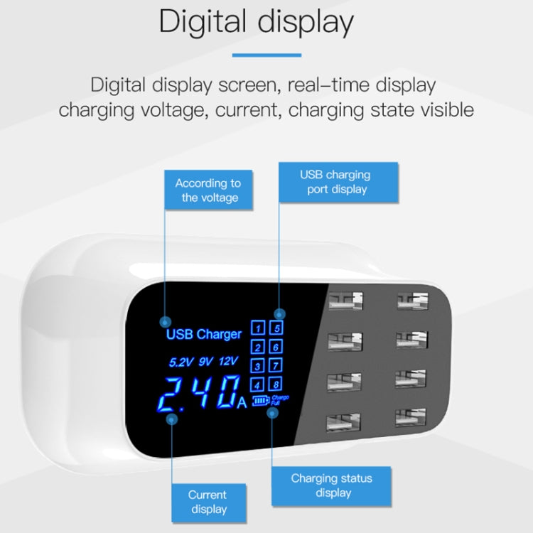 YC-CDA19A 8-port USB Multi-function 40W Intelligent Digital Display Fast Charging Dock, US Plug