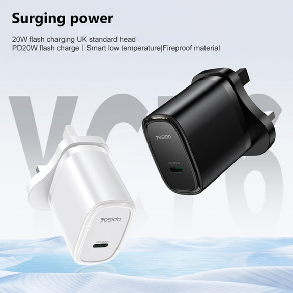 Yesido YC76BL PD 20W USB-C / Type-C Port Quick Charger with Type-C to 8 Pin Cable, UK Plug (Black)