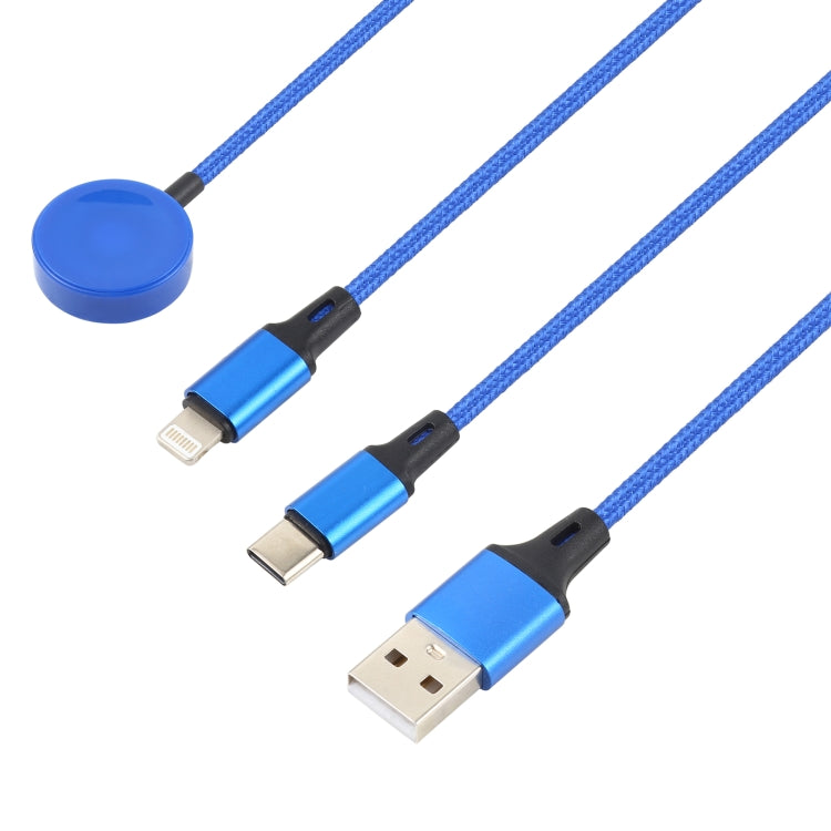 For iPhone / Apple Watch 3 In 1 8 Pin + Type-C / USB-C + Magnetic Charging Base Multi-function Charging Cable, Length: 1m(Blue)