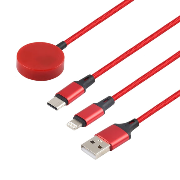 For iPhone / Apple Watch 3 In 1 8 Pin + Type-C / USB-C + Magnetic Charging Base Multi-function Charging Cable, Length: 1m(Red)