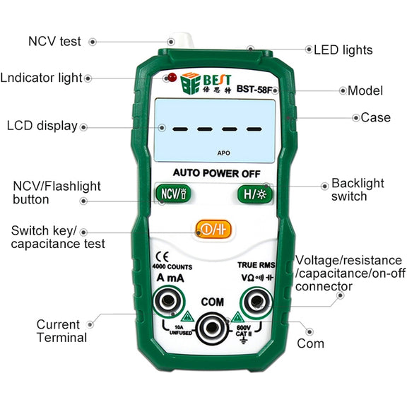 BEST BST-58F Full Automatic Range Multimeter Without Shift Intelligent Identification Digital Multimeter Household Mini Electrical Instrument