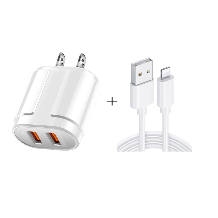 Dual USB Portable Travel Charger + 1 Meter USB to 8 Pin Data Cable, US Plug(White)