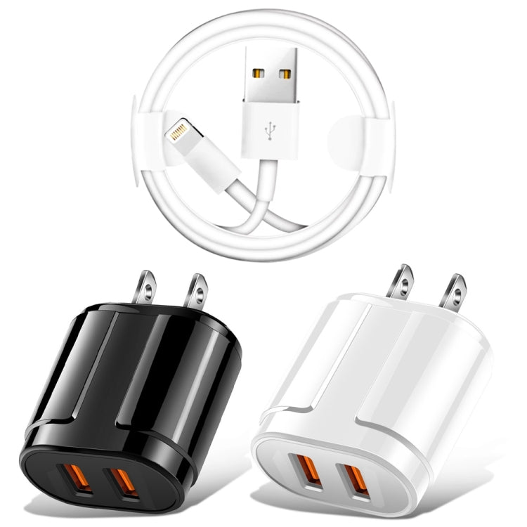 Dual USB Portable Travel Charger + 1 Meter USB to 8 Pin Data Cable, US Plug(White)