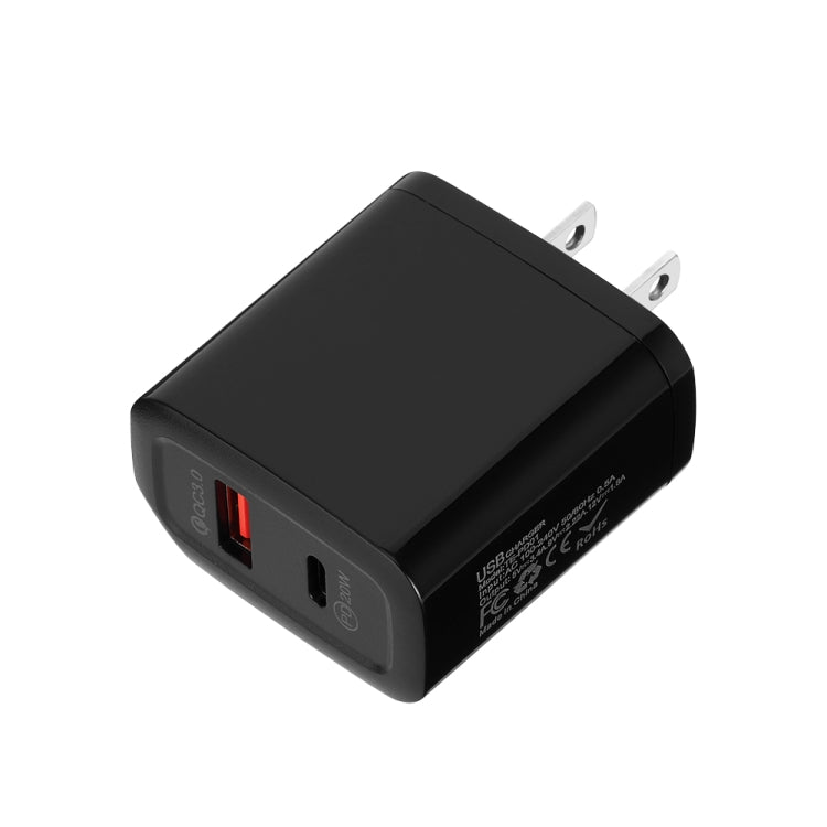 TE-PD01 PD 20W + QC3.0 USB Dual Ports Quick Charger with Indicator Light, US Plug(Black)